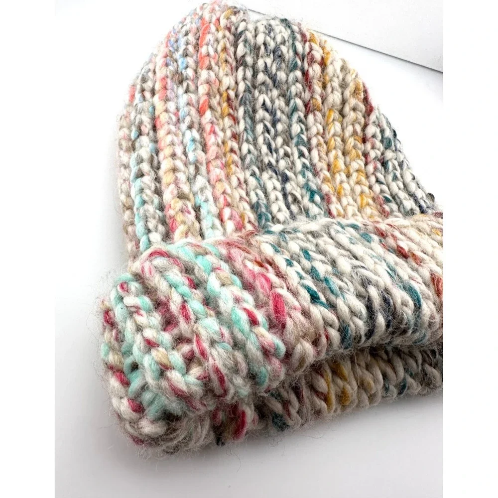 HANDMADE Wool Blend Beanie Hat Multi-Colored Chunky Marled Knit Warm & Cozy